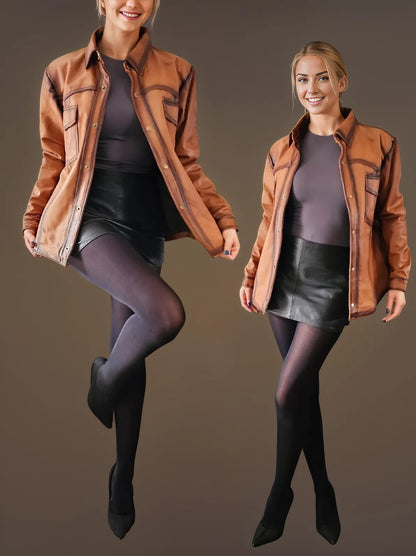 Handcrafted Women's Sheepskin Leather Shirt – Western - Style Vintage Honey Button - Up - Tenku Designs