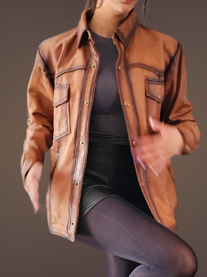 Handcrafted Women's Sheepskin Leather Shirt – Western - Style Vintage Honey Button - Up - Tenku Designs