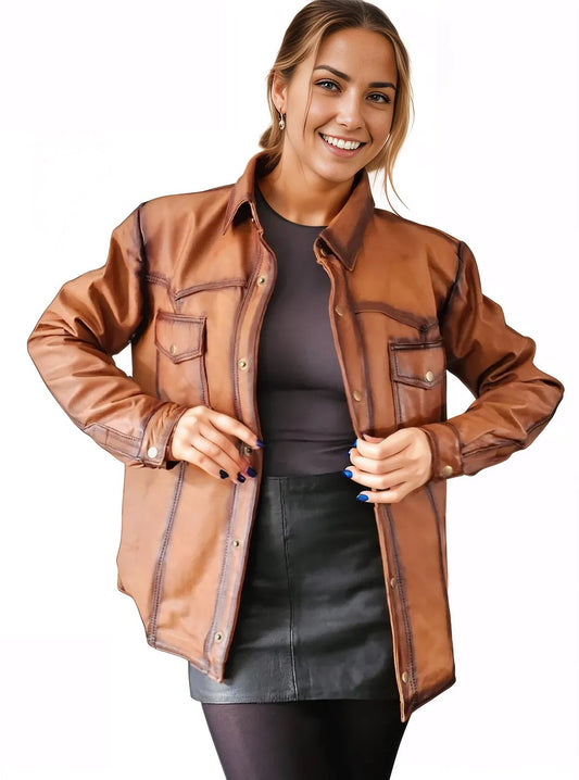 Handcrafted Women's Sheepskin Leather Shirt – Western - Style Vintage Honey Button - Up - Tenku Designs