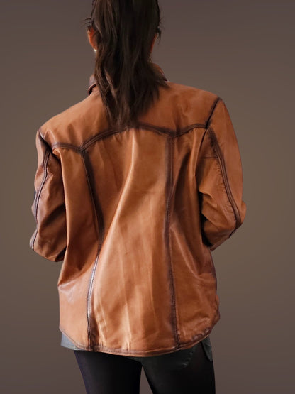 Handcrafted Women's Sheepskin Leather Shirt – Western - Style Vintage Honey Button - Up - Tenku Designs