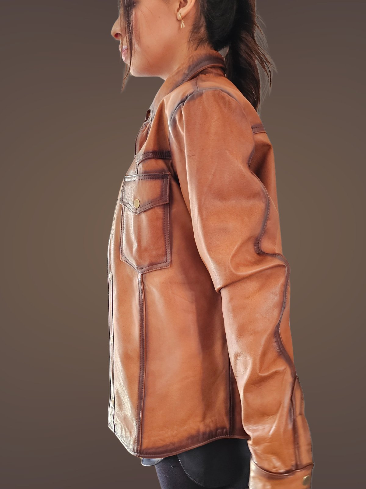 Handcrafted Women's Sheepskin Leather Shirt – Western - Style Vintage Honey Button - Up - Tenku Designs