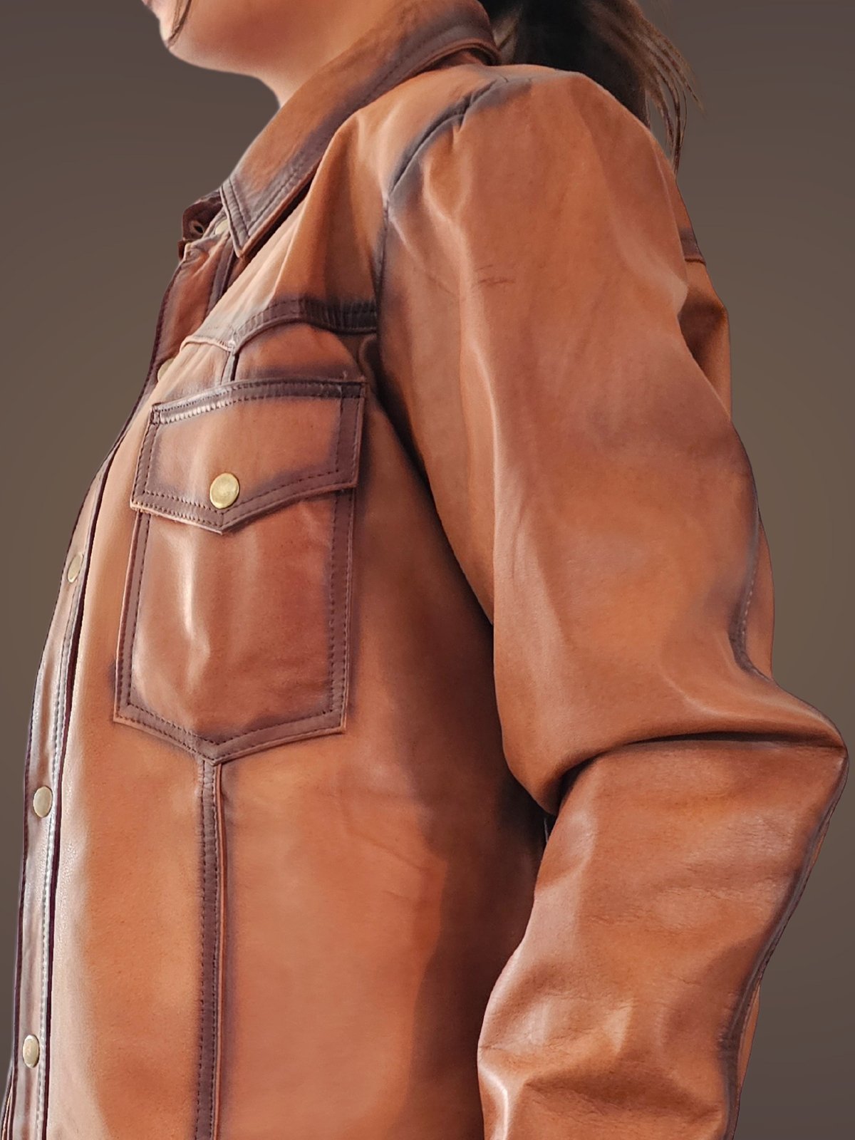 Handcrafted Women's Sheepskin Leather Shirt – Western - Style Vintage Honey Button - Up - Tenku Designs