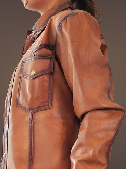 Handcrafted Women's Sheepskin Leather Shirt – Western - Style Vintage Honey Button - Up - Tenku Designs