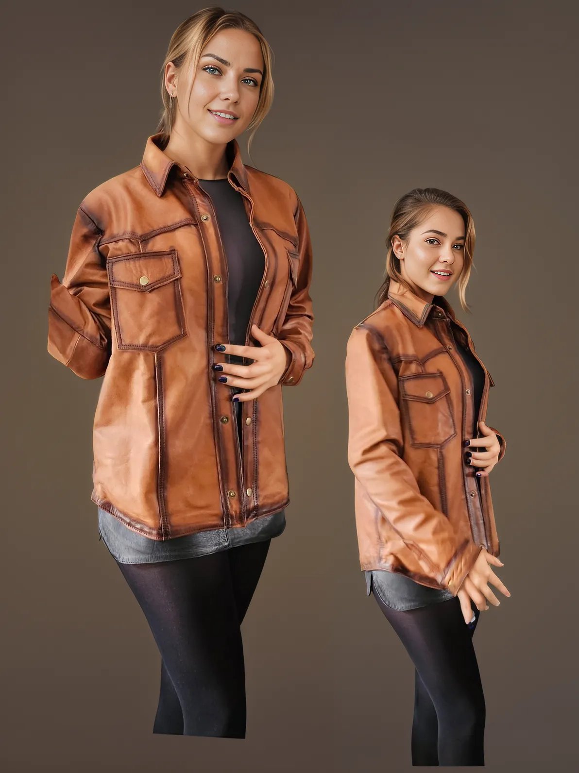 Handcrafted Women's Sheepskin Leather Shirt – Western - Style Vintage Honey Button - Up - Tenku Designs