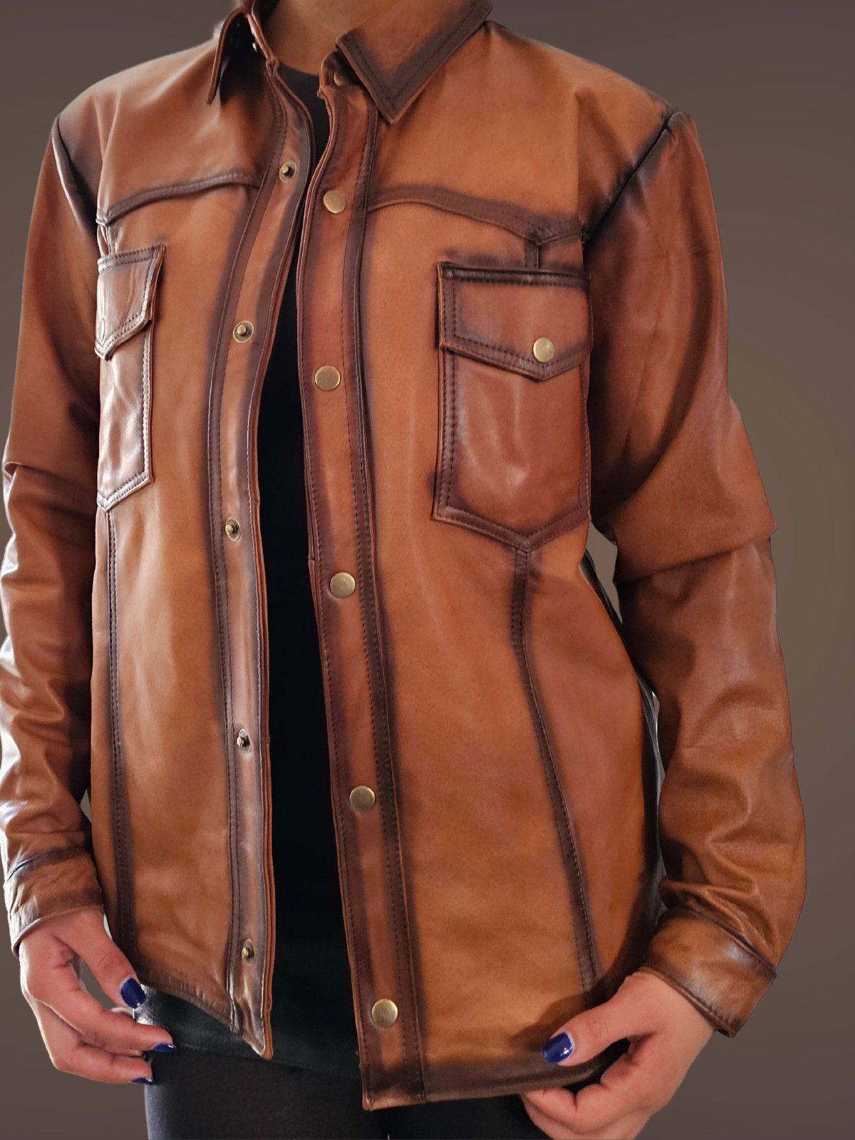 Handcrafted Women's Sheepskin Leather Shirt – Western - Style Vintage Honey Button - Up - Tenku Designs