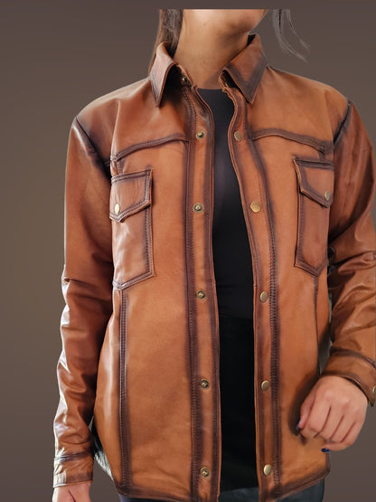 Handcrafted Women's Sheepskin Leather Shirt – Western - Style Vintage Honey Button - Up - Tenku Designs