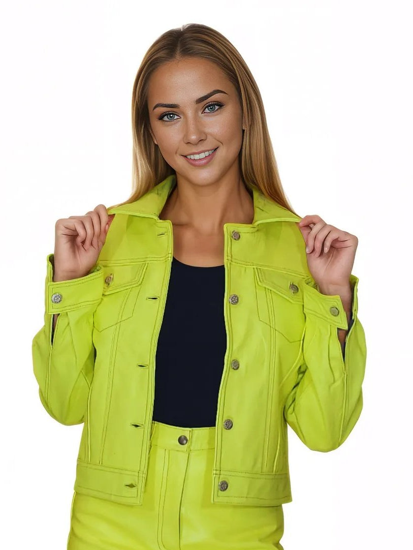Handcrafted Women's Sheepskin Leather Trucker Jacket – Premium Style Lime Green - Tenku Designs