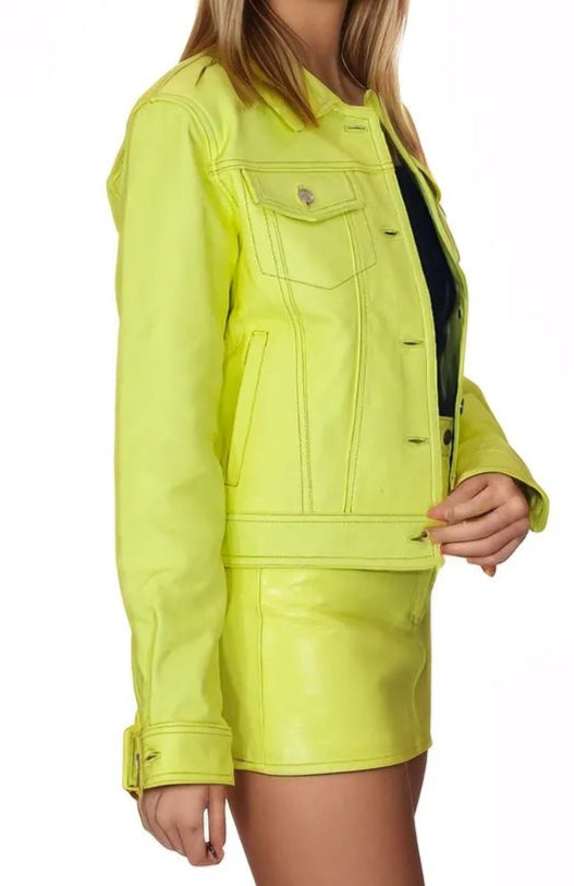 Handcrafted Women's Sheepskin Leather Trucker Jacket – Premium Style Lime Green - Tenku Designs