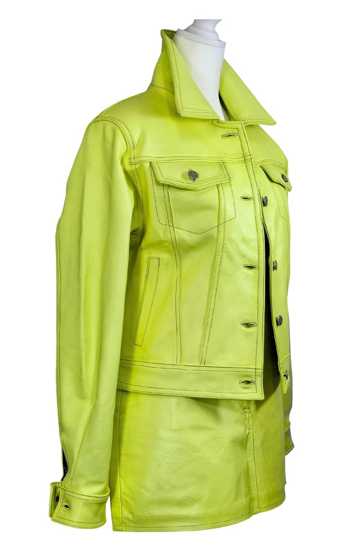 Handcrafted Women's Sheepskin Leather Trucker Jacket – Premium Style Lime Green - Tenku Designs