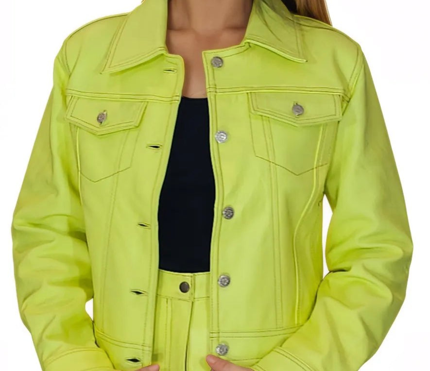 Handcrafted Women's Sheepskin Leather Trucker Jacket – Premium Style Lime Green - Tenku Designs
