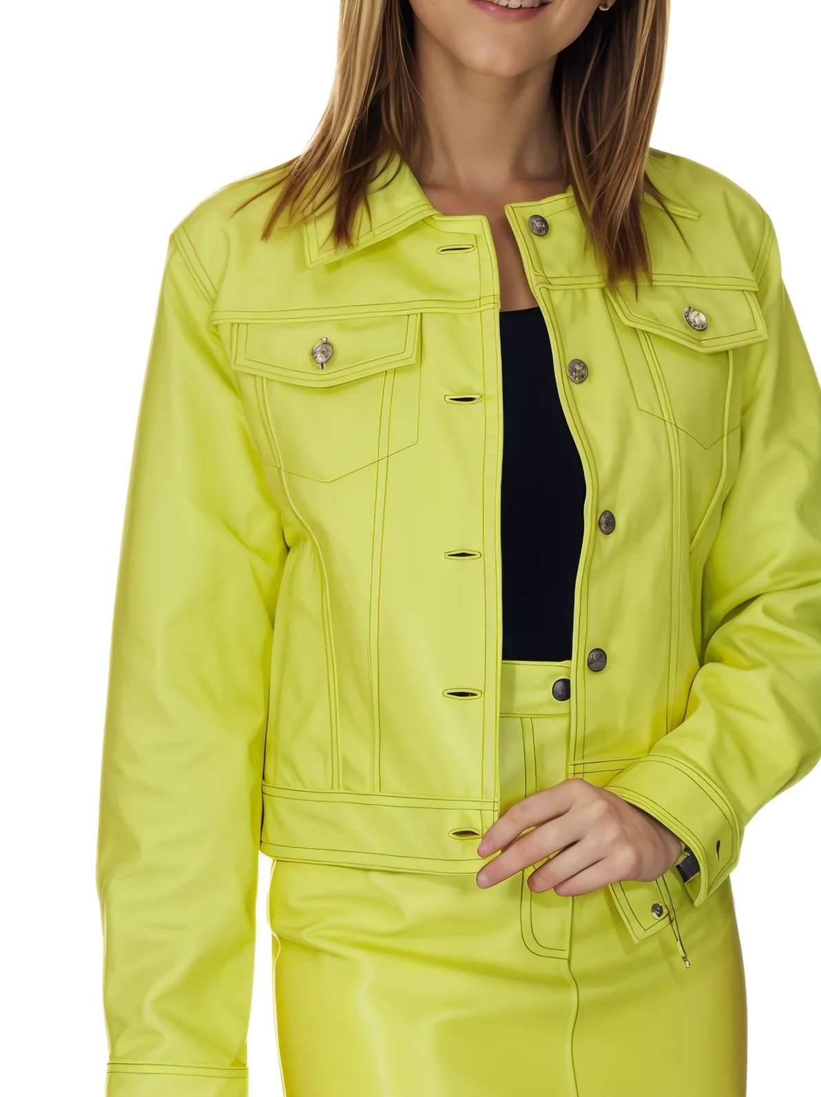 Handcrafted Women's Sheepskin Leather Trucker Jacket – Premium Style Lime Green - Tenku Designs