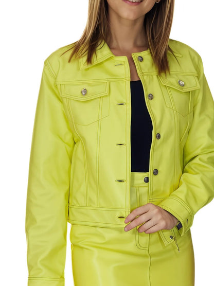 Handcrafted Women's Sheepskin Leather Trucker Jacket – Premium Style Lime Green - Tenku Designs