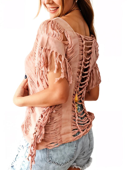 Handwoven Frayed Edge Cotton Top – Artisan Backstrap Loom Blouse | Chic Style Coral - Tenku Designs
