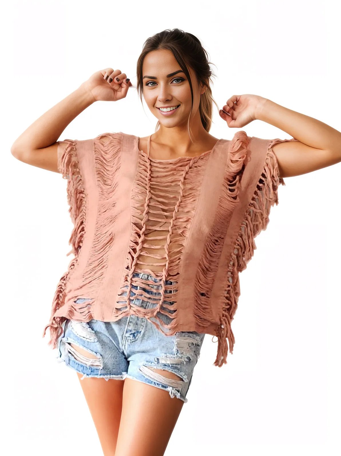 Handwoven Frayed Edge Cotton Top – Artisan Backstrap Loom Blouse | Chic Style Coral - Tenku Designs
