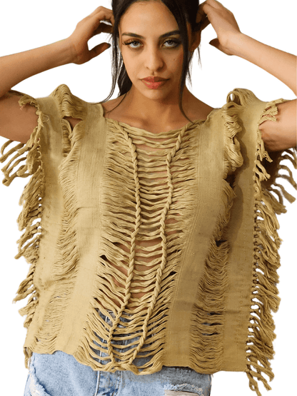 Handwoven Frayed Edge Cotton Top – Artisan Backstrap Loom Blouse | Chic Style Khaki - Tenku Designs