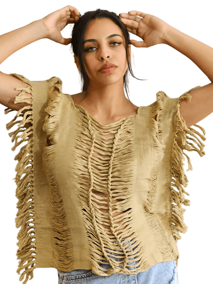 Handwoven Frayed Edge Cotton Top – Artisan Backstrap Loom Blouse | Chic Style Khaki - Tenku Designs