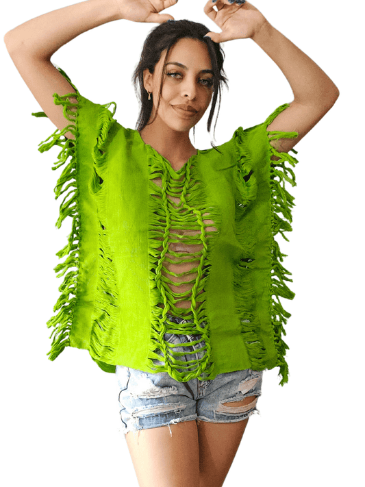Handwoven Frayed Edge Cotton Top – Artisan Backstrap Loom Blouse | Chic Style Lime Green - Tenku Designs