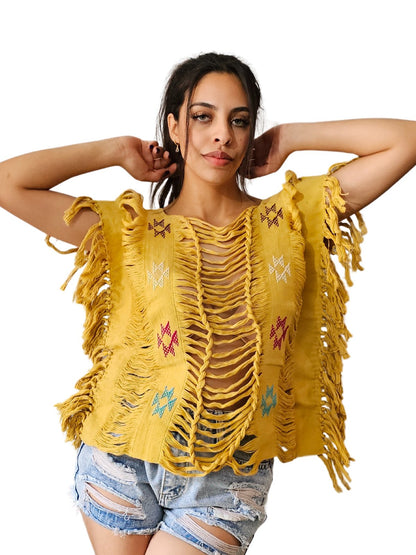 Handwoven Frayed Edge Cotton Top – Artisan Backstrap Loom Blouse | Chic Style Mustard Brocado - Tenku Designs