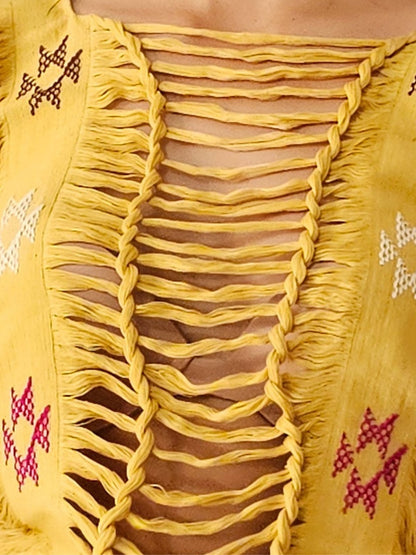 Handwoven Frayed Edge Cotton Top – Artisan Backstrap Loom Blouse | Chic Style Mustard Brocado - Tenku Designs