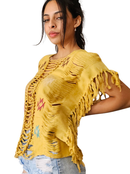 Handwoven Frayed Edge Cotton Top – Artisan Backstrap Loom Blouse | Chic Style Mustard Brocado - Tenku Designs