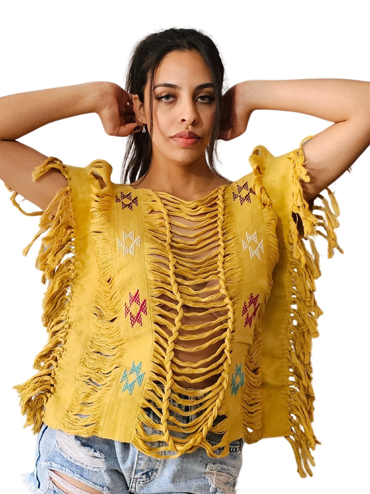 Handwoven Frayed Edge Cotton Top – Artisan Backstrap Loom Blouse | Chic Style Mustard Brocado - Tenku Designs
