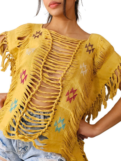 Handwoven Frayed Edge Cotton Top – Artisan Backstrap Loom Blouse | Chic Style Mustard Brocado - Tenku Designs