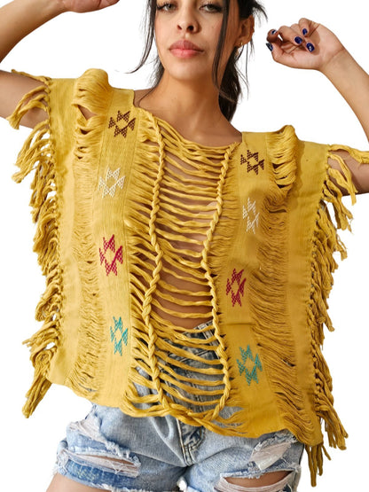 Handwoven Frayed Edge Cotton Top – Artisan Backstrap Loom Blouse | Chic Style Mustard Brocado - Tenku Designs