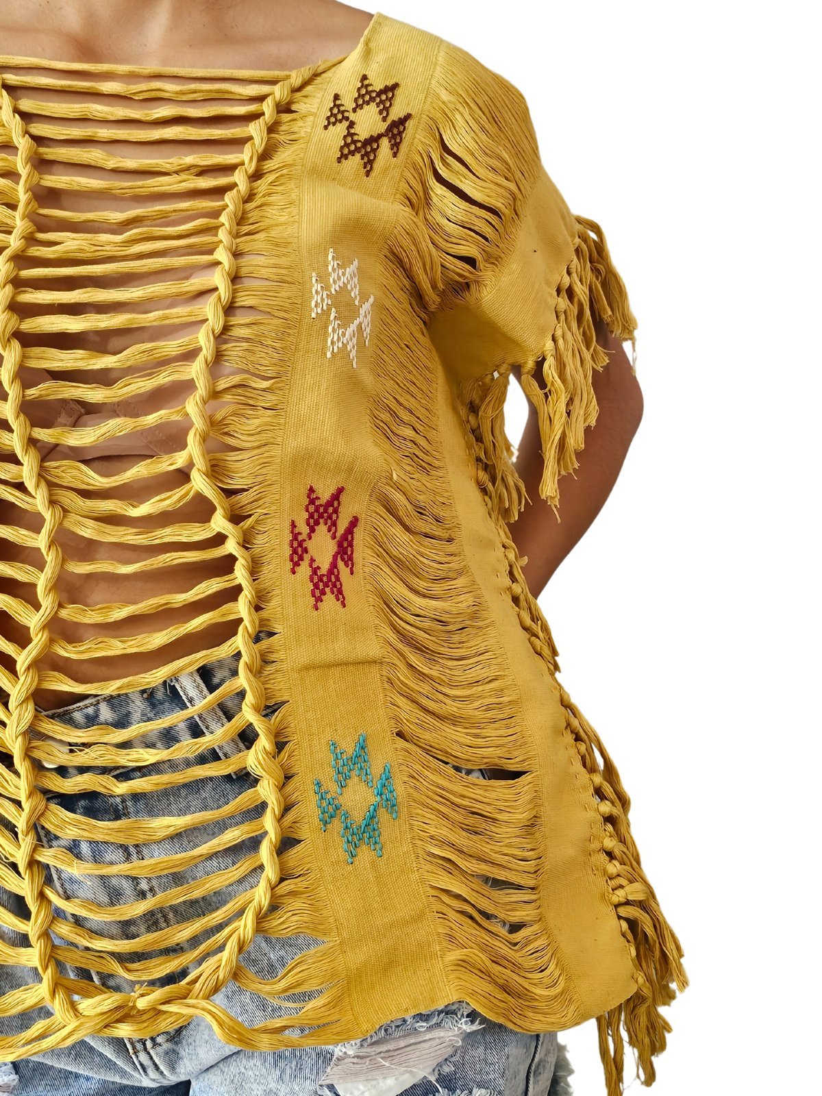 Handwoven Frayed Edge Cotton Top – Artisan Backstrap Loom Blouse | Chic Style Mustard Brocado - Tenku Designs