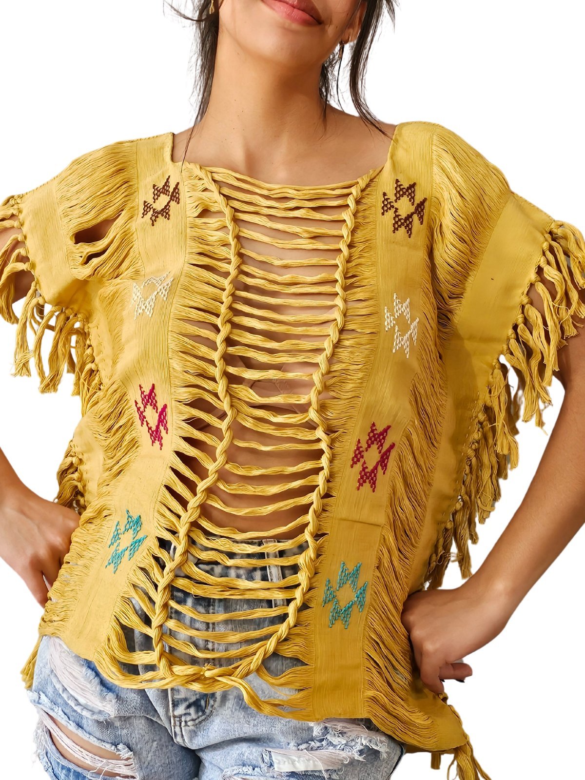 Handwoven Frayed Edge Cotton Top – Artisan Backstrap Loom Blouse | Chic Style Mustard Brocado - Tenku Designs