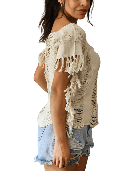 Handwoven Frayed Edge Cotton Top – Artisan Backstrap Loom Blouse | Chic Style Raw Off - White - Tenku Designs