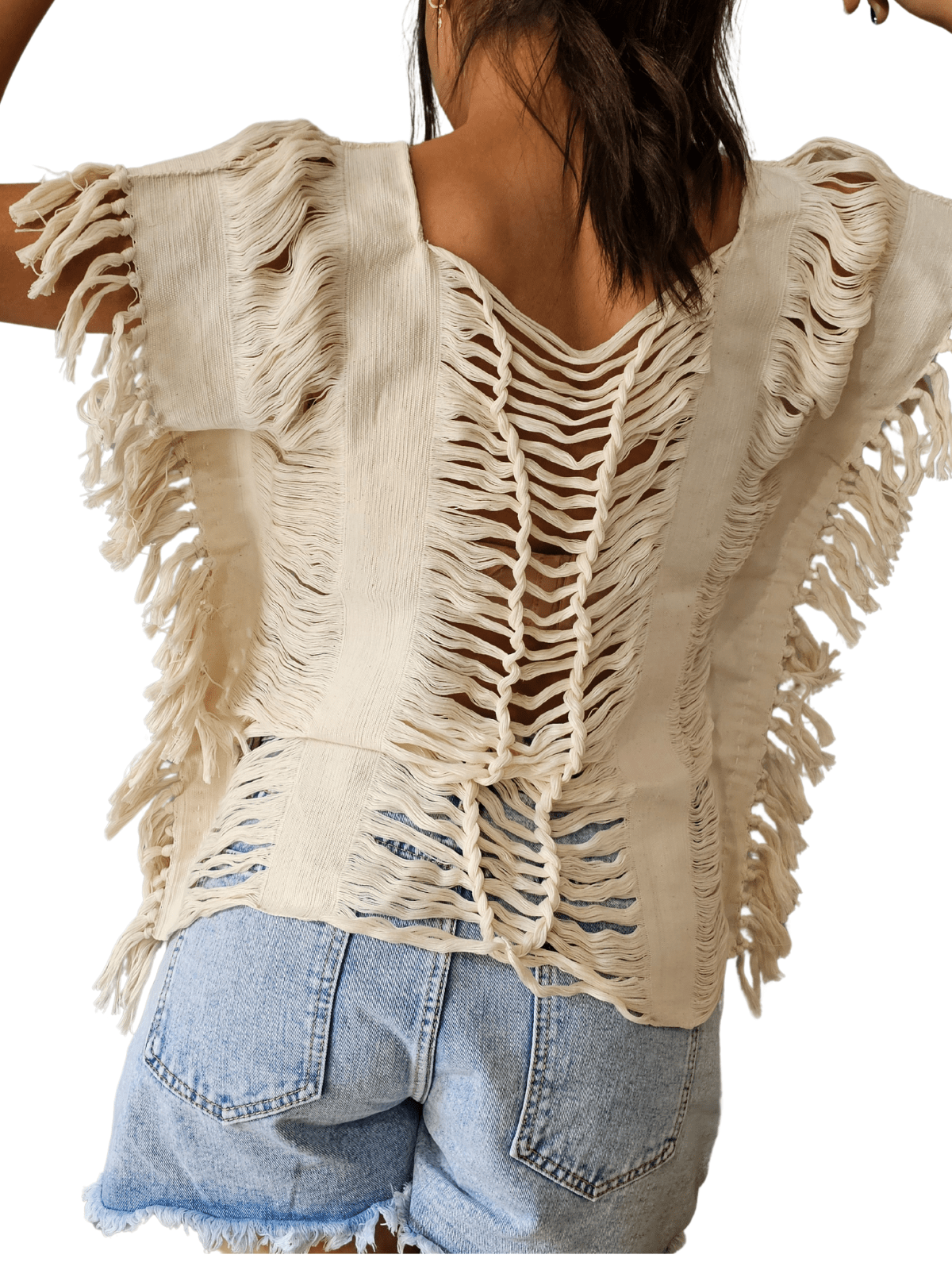 Handwoven Frayed Edge Cotton Top – Artisan Backstrap Loom Blouse | Chic Style Raw Off - White - Tenku Designs