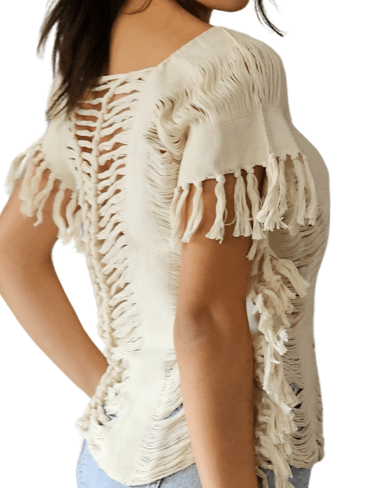 Handwoven Frayed Edge Cotton Top – Artisan Backstrap Loom Blouse | Chic Style Raw Off - White - Tenku Designs