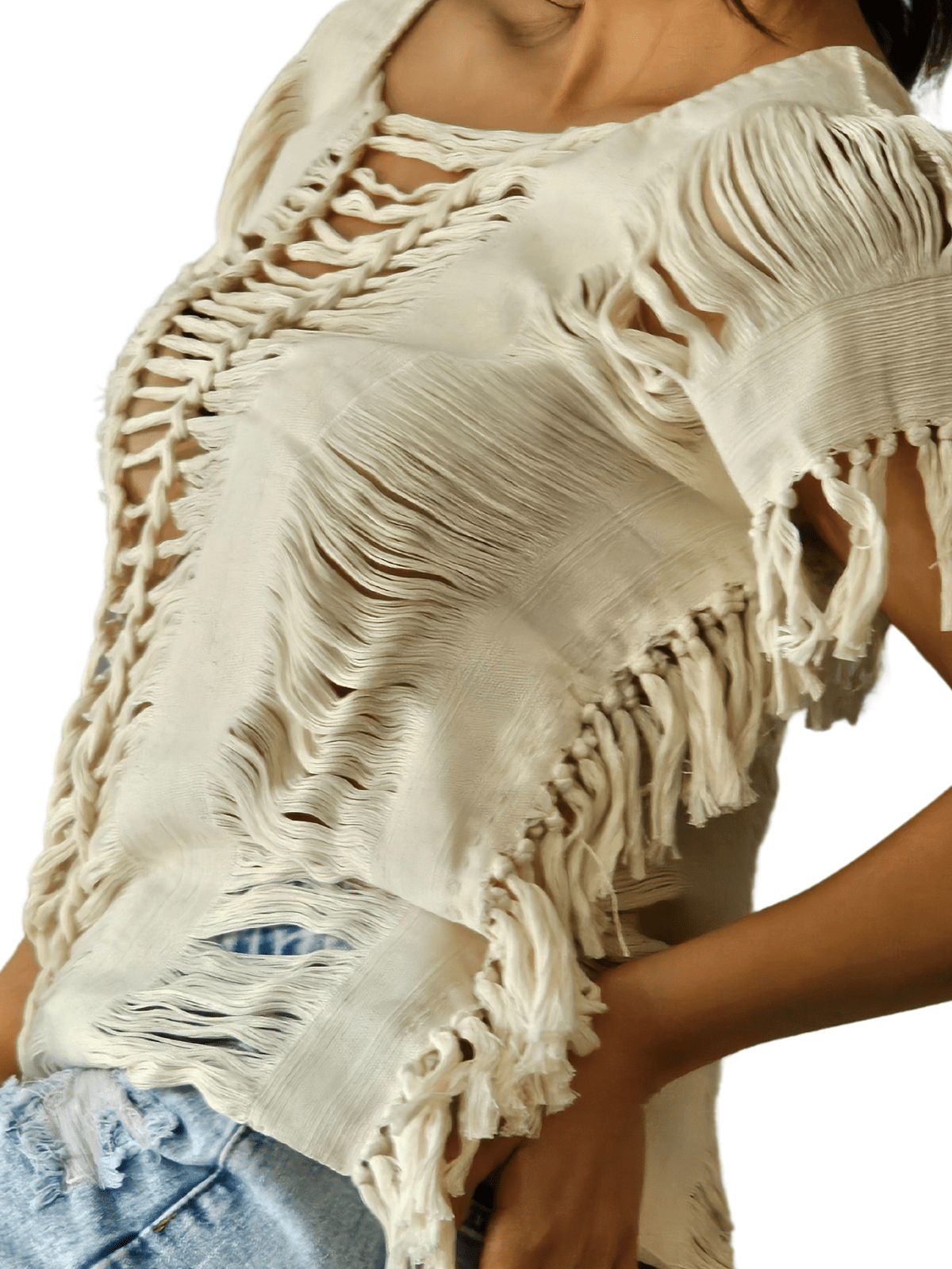 Handwoven Frayed Edge Cotton Top – Artisan Backstrap Loom Blouse | Chic Style Raw Off - White - Tenku Designs