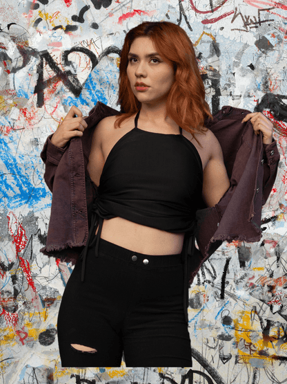 High Neck Drawstring Halter Crop Top – Slimming Fit, Double - Lined, Chlorine - Resistant Fabric Black - Tenku Designs