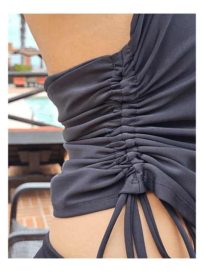 High Neck Drawstring Halter Crop Top – Slimming Fit, Double - Lined, Chlorine - Resistant Fabric Black - Tenku Designs