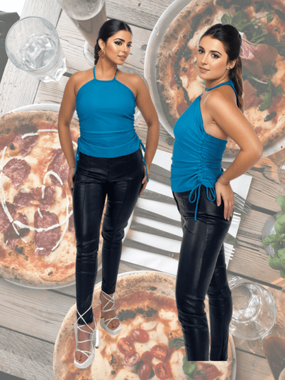 High Neck Drawstring Halter Crop Top – Slimming Fit, Double - Lined, Chlorine - Resistant Fabric Blue - Tenku Designs