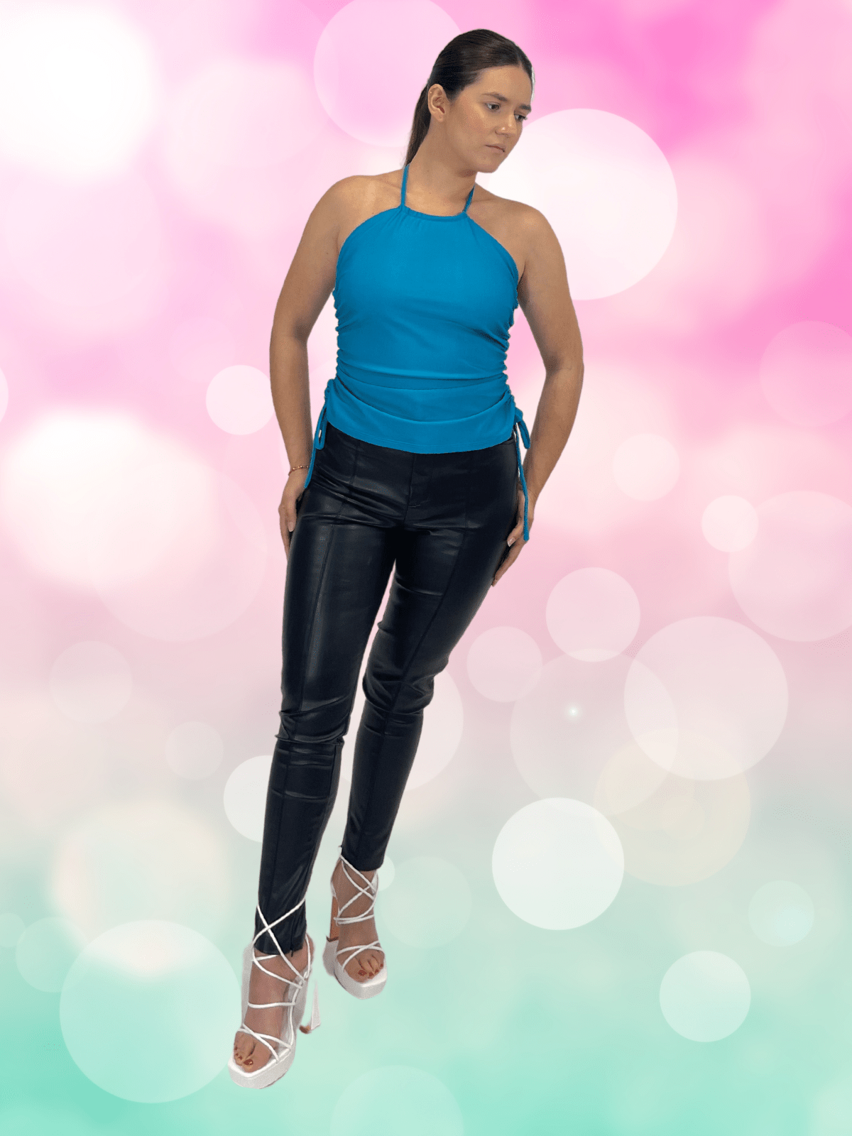 High Neck Drawstring Halter Crop Top – Slimming Fit, Double - Lined, Chlorine - Resistant Fabric Blue - Tenku Designs