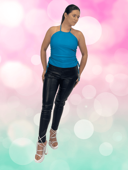 High Neck Drawstring Halter Crop Top – Slimming Fit, Double - Lined, Chlorine - Resistant Fabric Blue - Tenku Designs