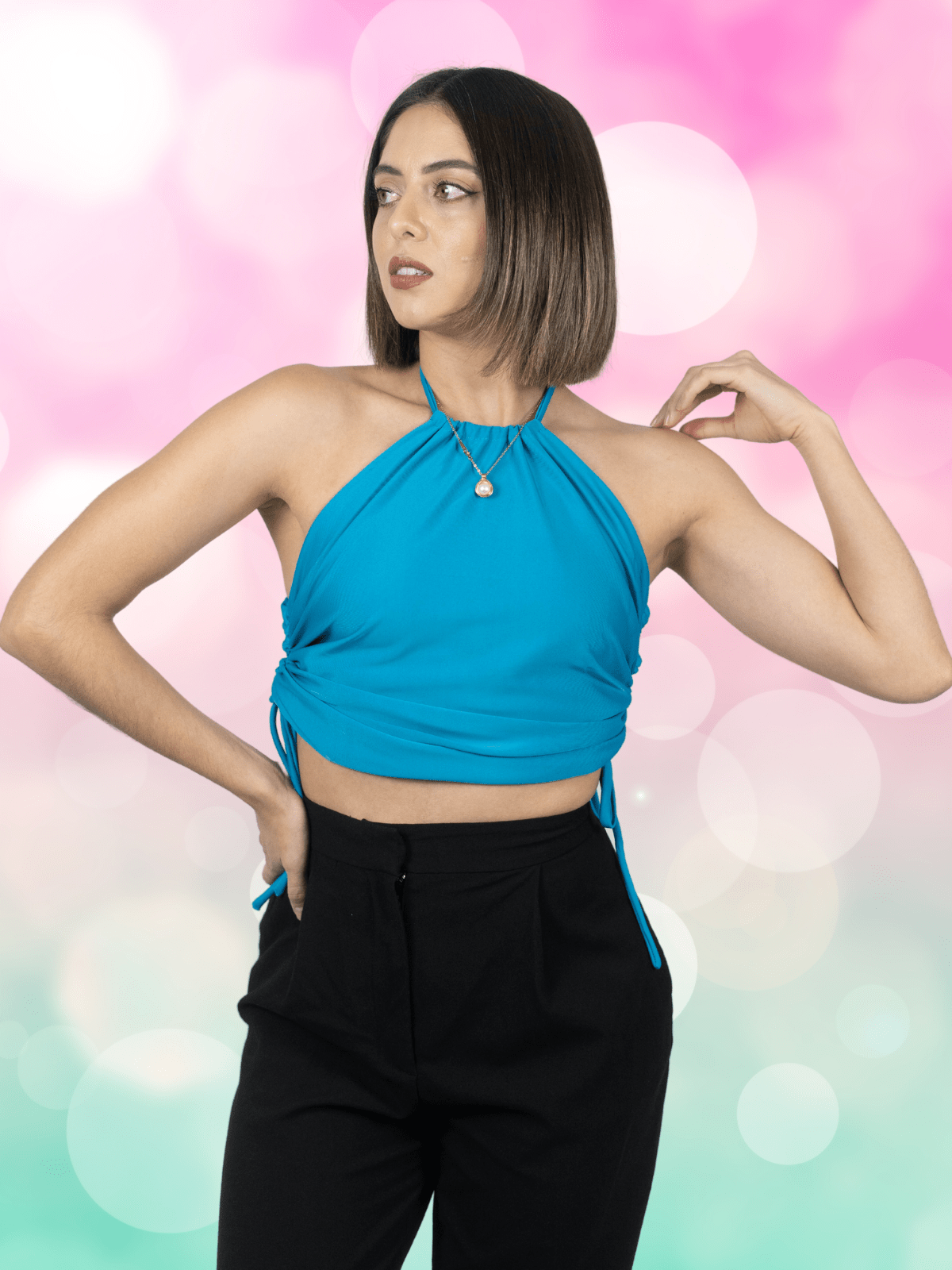 High Neck Drawstring Halter Crop Top – Slimming Fit, Double - Lined, Chlorine - Resistant Fabric Blue - Tenku Designs