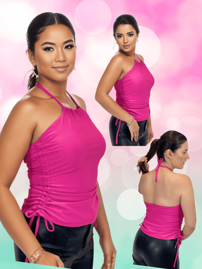 High Neck Drawstring Halter Crop Top – Slimming Fit, Double - Lined, Chlorine - Resistant Fabric Hot Pink - Tenku Designs