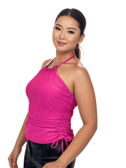 High Neck Drawstring Halter Crop Top – Slimming Fit, Double - Lined, Chlorine - Resistant Fabric Hot Pink - Tenku Designs