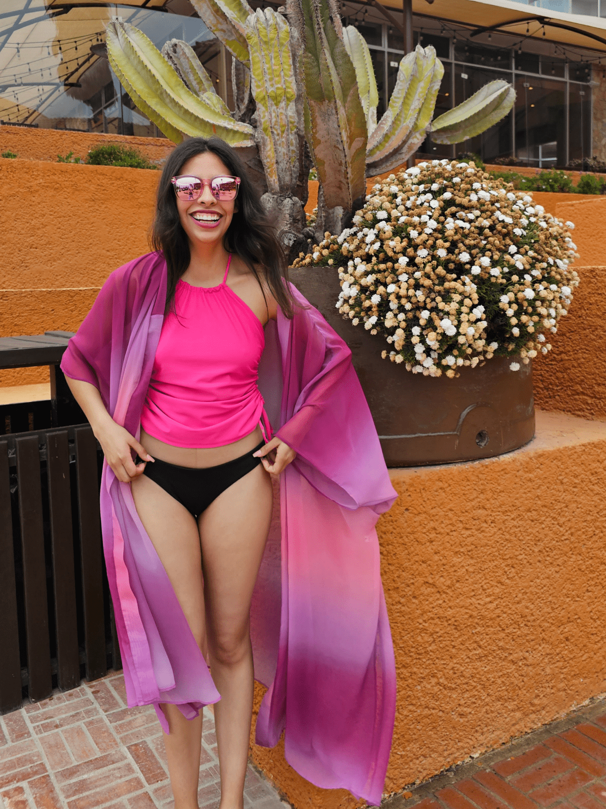 High Neck Drawstring Halter Crop Top – Slimming Fit, Double - Lined, Chlorine - Resistant Fabric Hot Pink - Tenku Designs