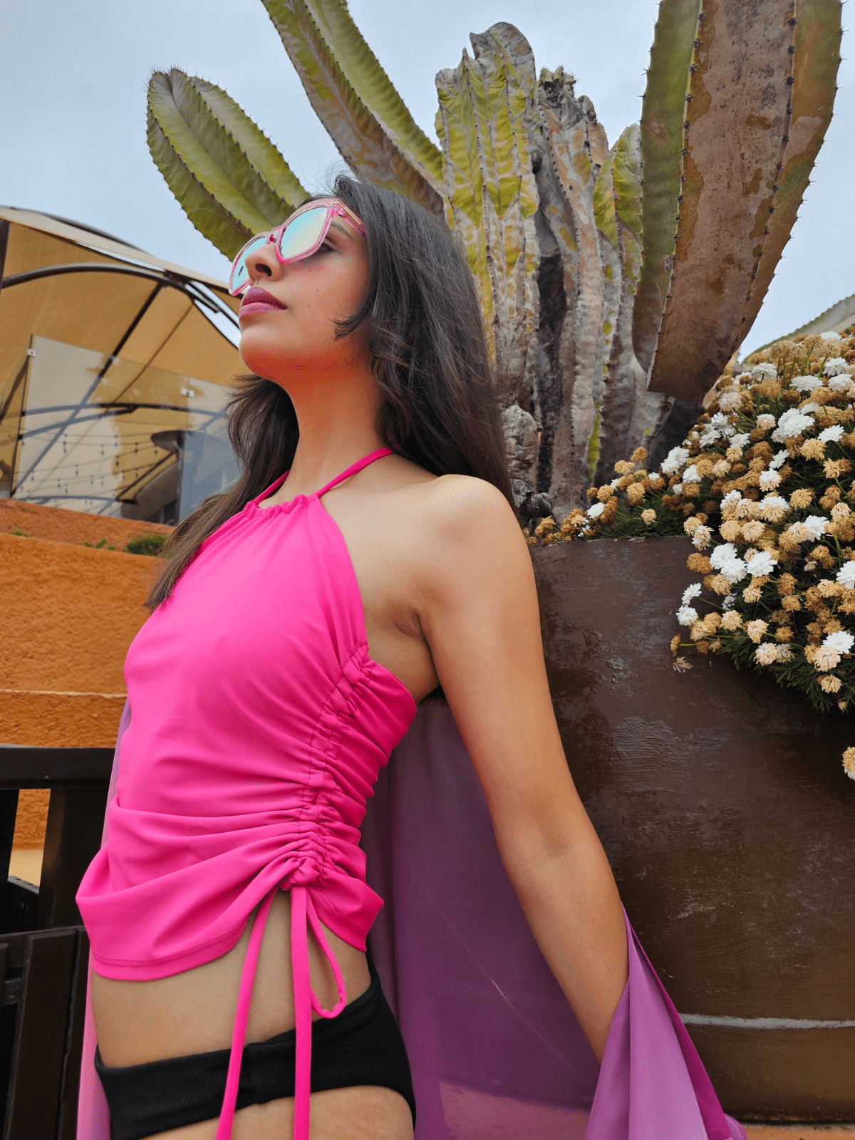 High Neck Drawstring Halter Crop Top – Slimming Fit, Double - Lined, Chlorine - Resistant Fabric Hot Pink - Tenku Designs