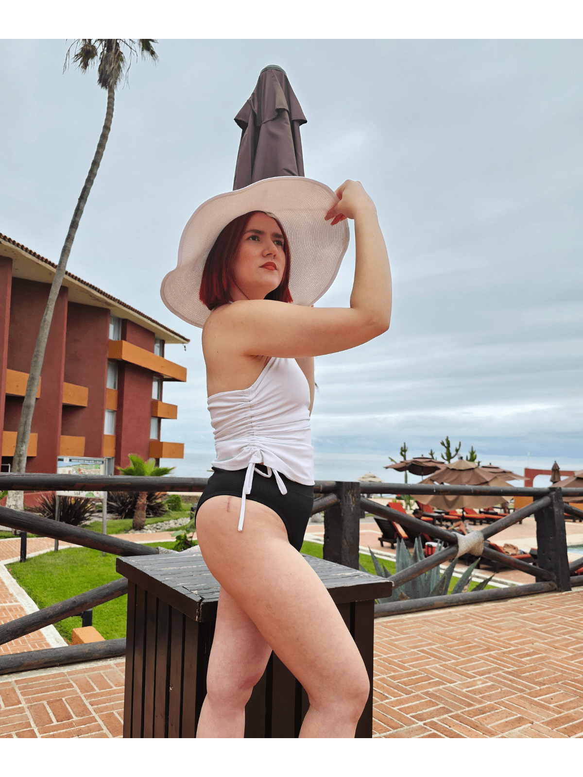 High Neck Drawstring Halter Crop Top – Slimming Fit, Double - Lined, Chlorine - Resistant Fabric White - Tenku Designs