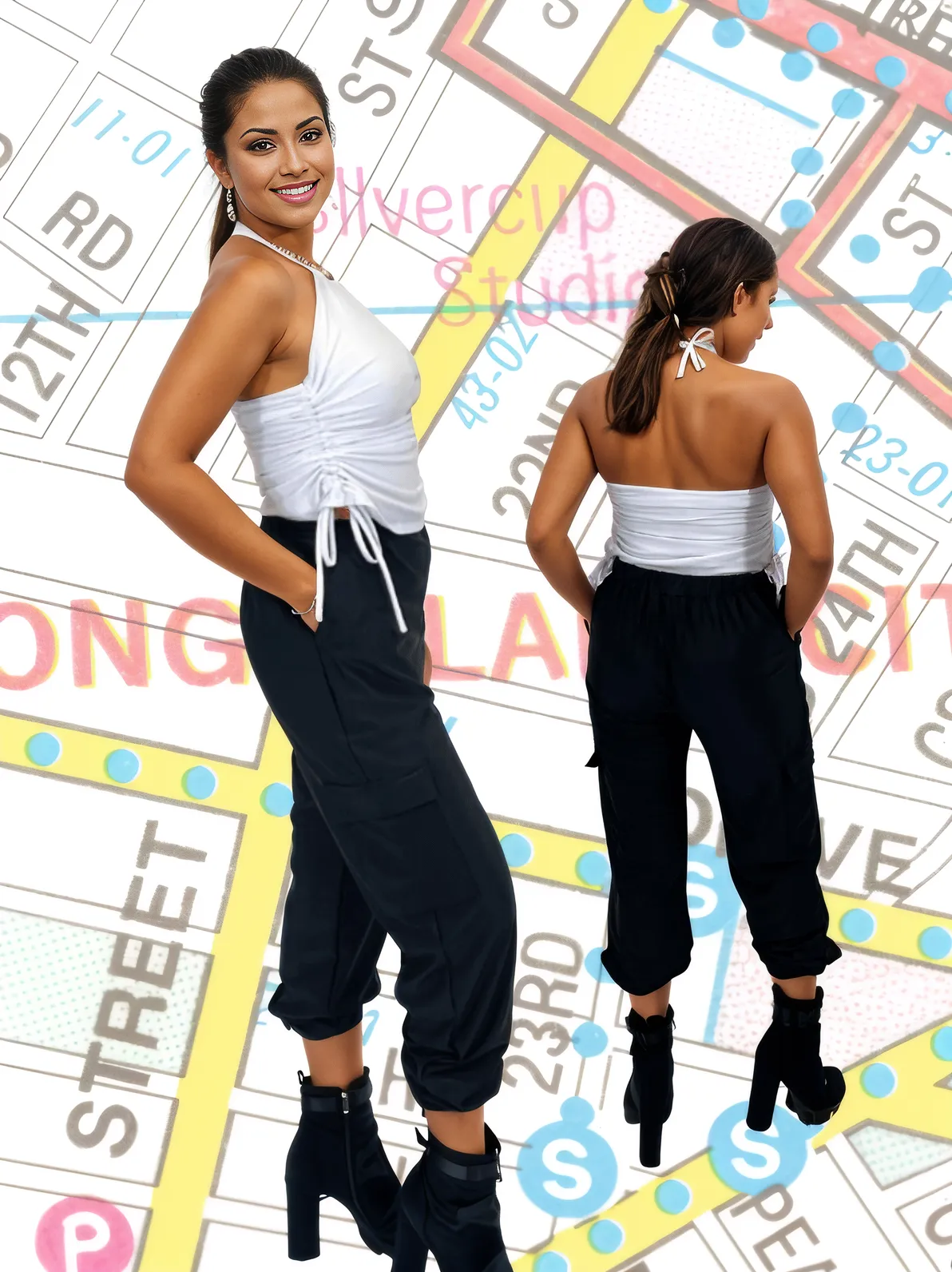 High Neck Drawstring Halter Crop Top – Slimming Fit, Double - Lined, Chlorine - Resistant Fabric White - Tenku Designs