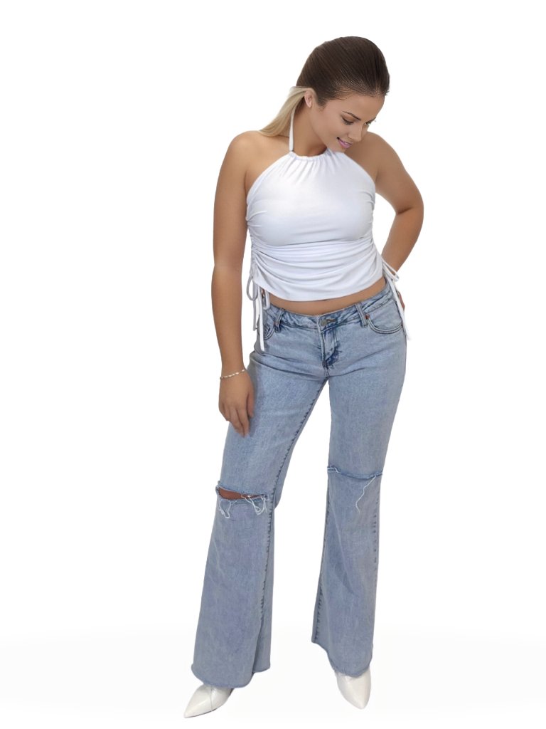 High Neck Drawstring Halter Crop Top – Slimming Fit, Double - Lined, Chlorine - Resistant Fabric White - Tenku Designs