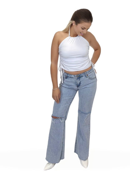 High Neck Drawstring Halter Crop Top – Slimming Fit, Double - Lined, Chlorine - Resistant Fabric White - Tenku Designs