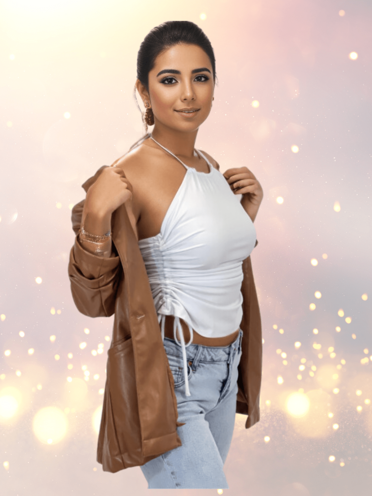 High Neck Drawstring Halter Crop Top – Slimming Fit, Double - Lined, Chlorine - Resistant Fabric White - Tenku Designs