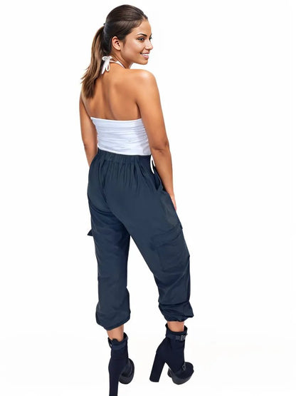 High Neck Drawstring Halter Crop Top – Slimming Fit, Double - Lined, Chlorine - Resistant Fabric White - Tenku Designs