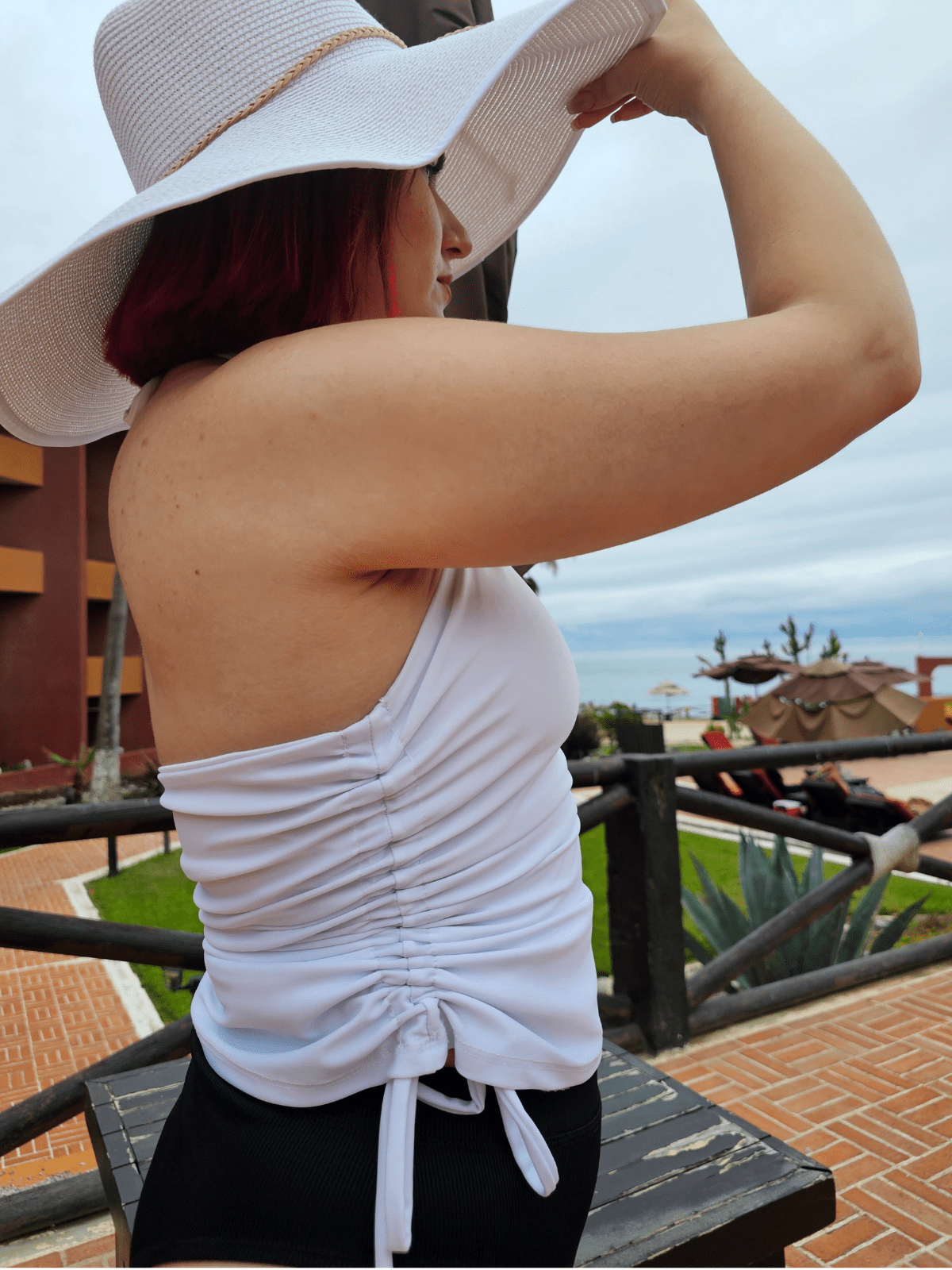 High Neck Drawstring Halter Crop Top – Slimming Fit, Double - Lined, Chlorine - Resistant Fabric White - Tenku Designs